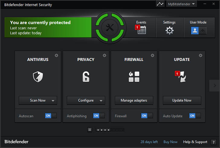Главное окно Bitdefender Internet Security