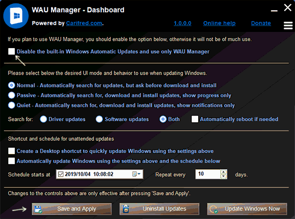 Отключение обновлений в WAU Manager