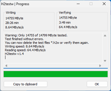Результат проверки H2Testw