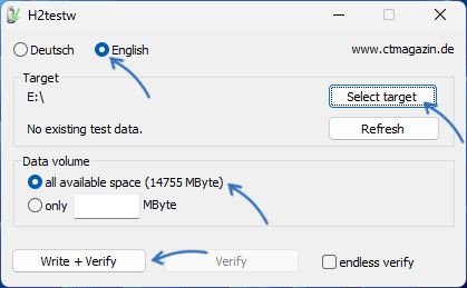 Запуск проверки H2Testw